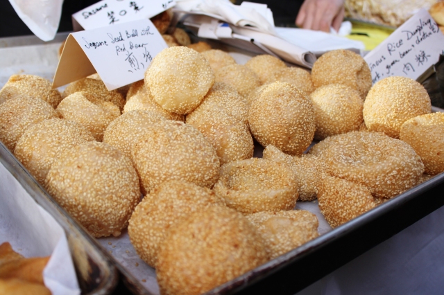 My absolute favorite Chinese snack/dessert. It's a mochi ball filled with smooth and sweet red bean paste. The mochi is then rolled in toasted sesame seeds and quickly deep fried for a crunchy exterior.  